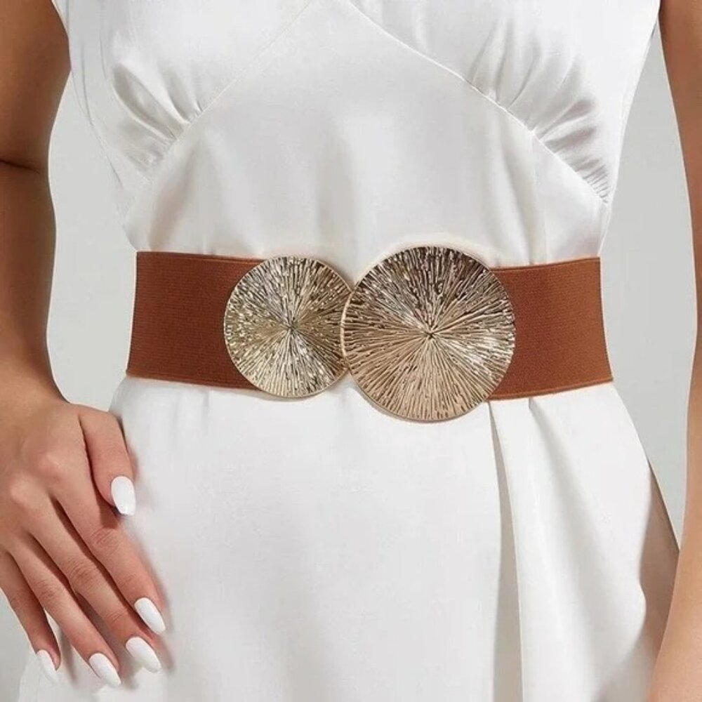 2/$30 NEW Elastic Wide Chestnut Brown Corset Waist Belt Metallic Snap Buckle Cin